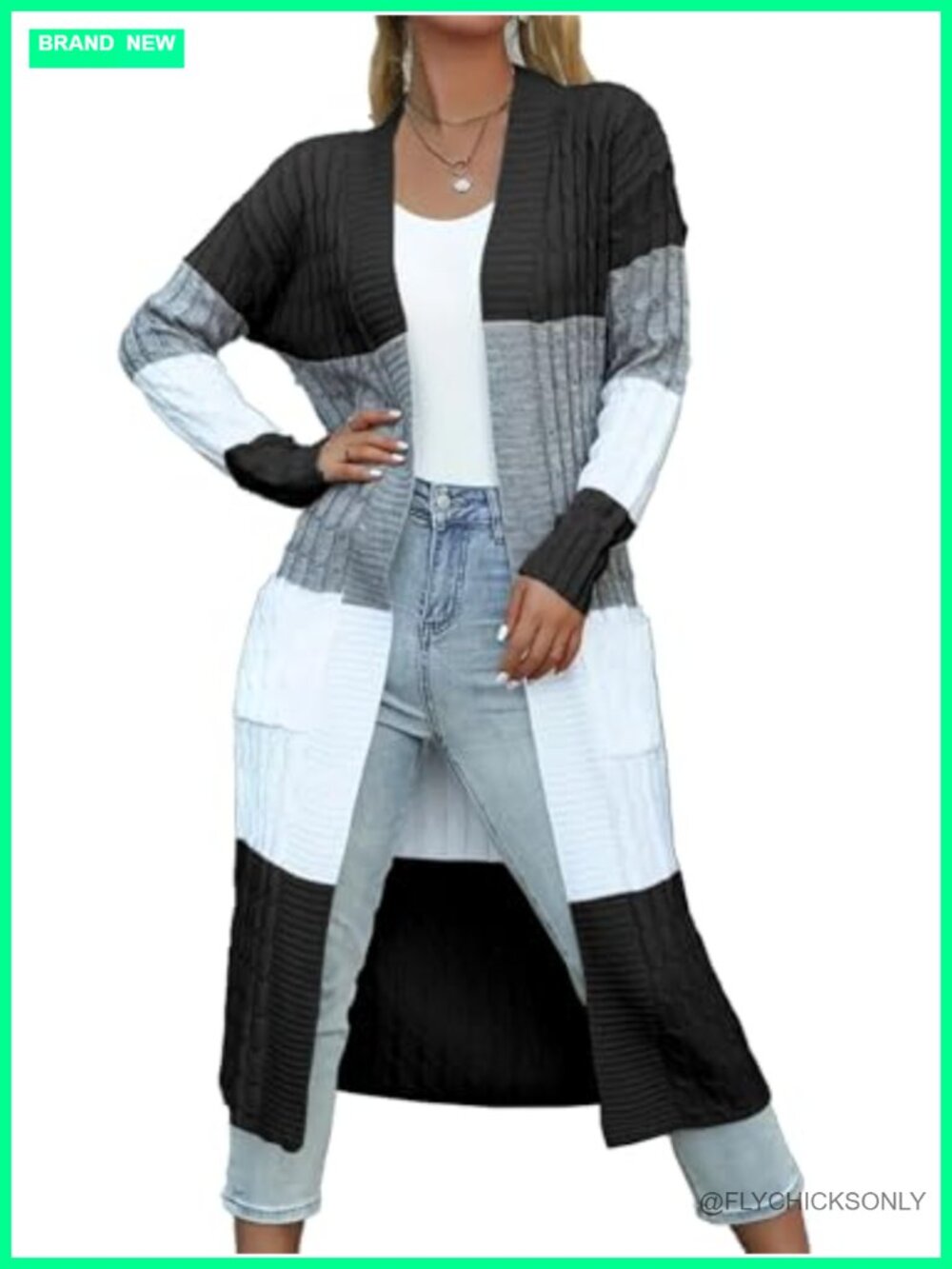 Chunky Cable Knit Color Block Long Cardigan Duster Open Front Plus Size Sweater
